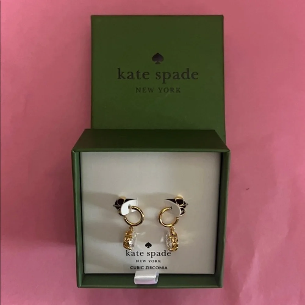 Kate Spade Gold CZ Treasure Trove Hoop Huggie Drop Earrings::NWT::